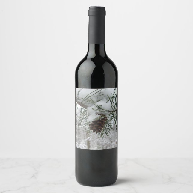 Snowy Pine Branch Winter Nature Photography Wine Label (Front)