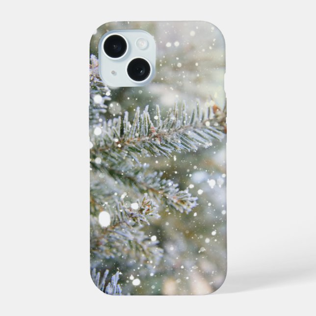Snowy Pine Branches Winter Holiday iPhone 15 Case (Back)