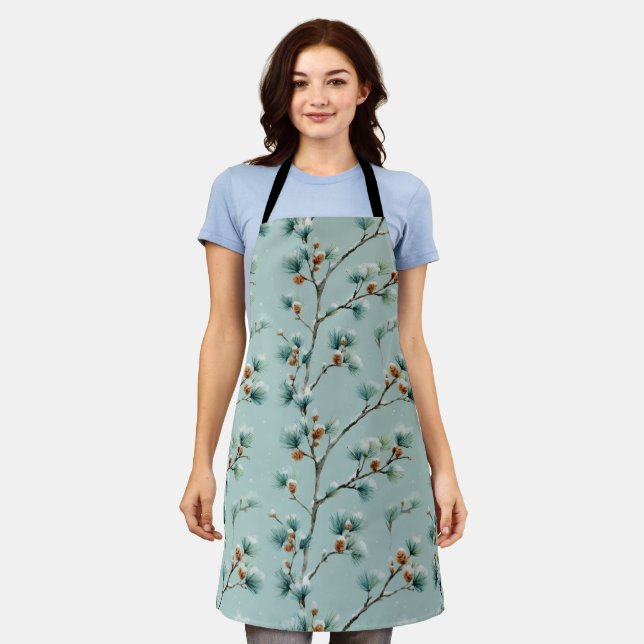 Snowy Pine Branches Winter Pattern Apron (Worn)