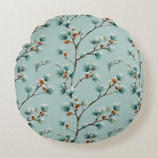 Snowy Pine Branches Winter Pattern Round Pillow (Front)