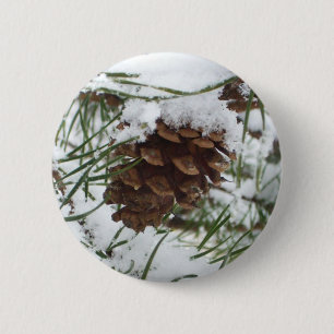 Snowy Pine Cone I Winter Nature Photography 2 Inch Round Button