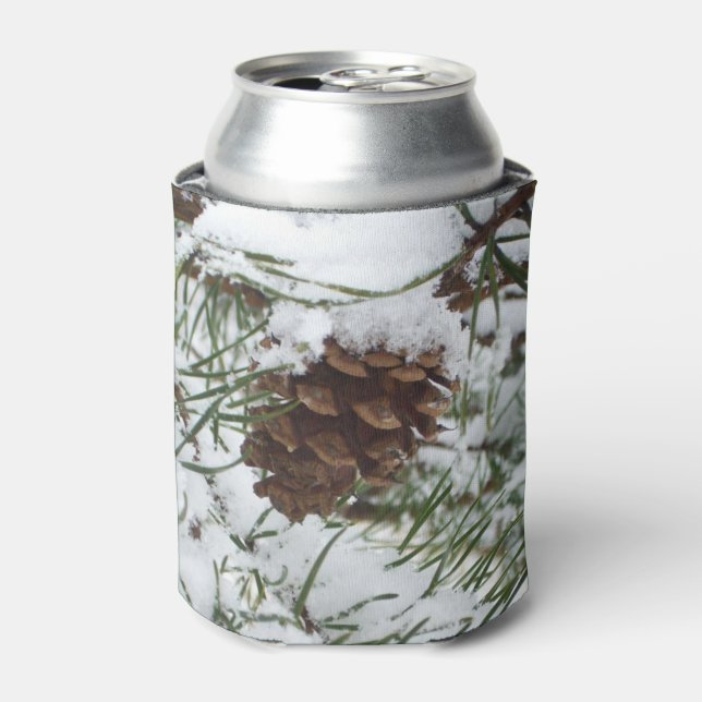 Snowy Pine Cone I Winter Nature Photography Can Cooler (Can Front)