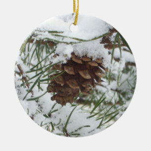 Snowy Pine Cone I Winter Nature Photography Ceramic Ornament