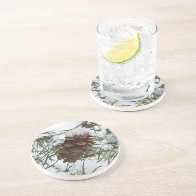 Snowy Pine Cone I Winter Nature Photography Coaster (Side)