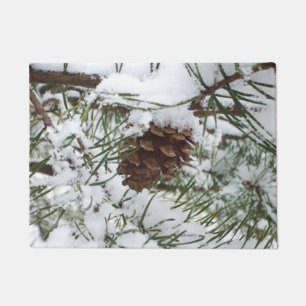 Snowy Pine Cone I Winter Nature Photography Doormat