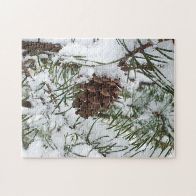 Snowy Pine Cone I Winter Nature Photography Jigsaw Puzzle (Horizontal)