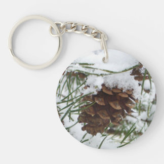 Snowy Pine Cone I Winter Nature Photography Keychain