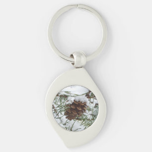 Snowy Pine Cone I Winter Nature Photography Keychain