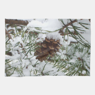 Snowy Pine Cone I Winter Nature Photography Kitchen Towel
