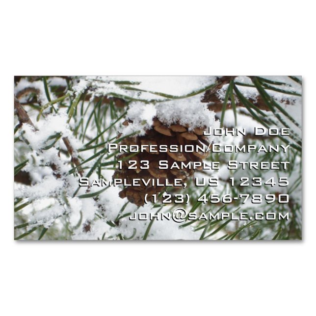 Snowy Pine Cone I Winter Nature Photography Magnetic Business Card (Front)