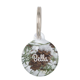 Snowy Pine Cone I Winter Nature Photography Pet Tag