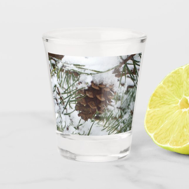 Snowy Pine Cone I Winter Nature Photography Shot Glass (Front)