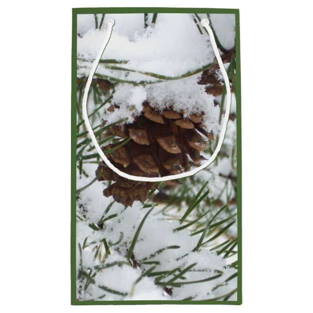 Snowy Pine Cone I Winter Nature Photography Small Gift Bag (Back)