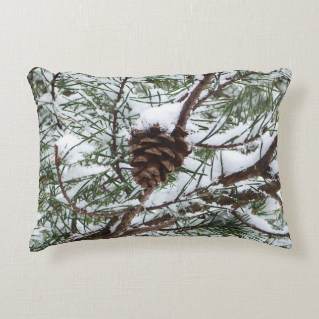 Snowy Pine Cone II Winter Nature Photography Accent Pillow (Front)