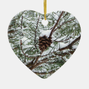 Snowy Pine Cone II Winter Nature Photography Ceramic Ornament