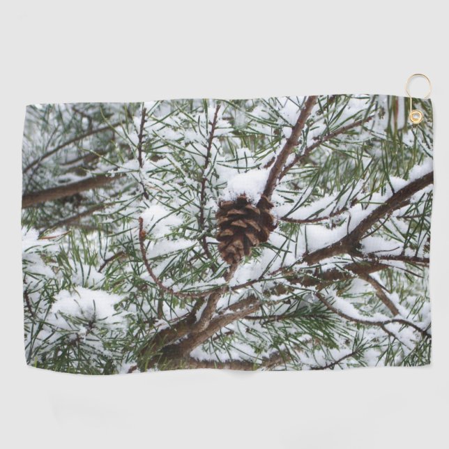 Snowy Pine Cone II Winter Nature Photography Golf Towel (Horizontal)