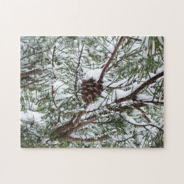 Snowy Pine Cone II Winter Nature Photography Jigsaw Puzzle (Horizontal)