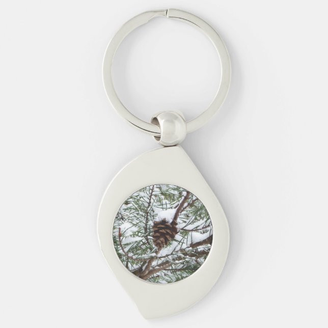 Snowy Pine Cone II Winter Nature Photography Keychain (Front)