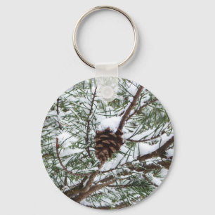 Snowy Pine Cone II Winter Nature Photography Keychain