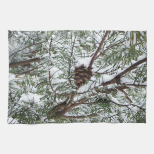 Snowy Pine Cone II Winter Nature Photography Kitchen Towel