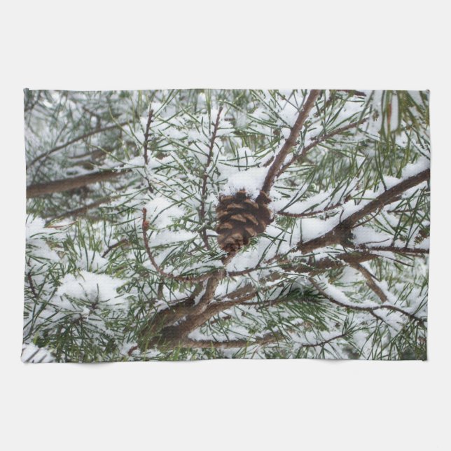 Snowy Pine Cone II Winter Nature Photography Kitchen Towel (Horizontal)