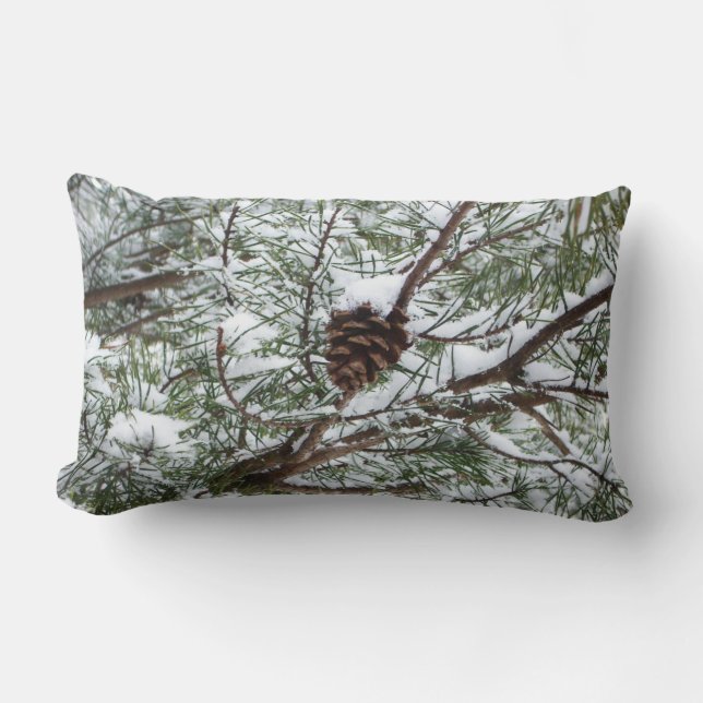 Snowy Pine Cone II Winter Nature Photography Lumbar Pillow (Front)
