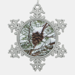 Snowy Pine Cone II Winter Nature Photography Snowflake Pewter Christmas Ornament