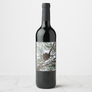 Snowy Pine Cone II Winter Nature Photography Wine Label