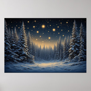 Snowy Pine Forest Under A Starry Night Sky ✨ Cozy  Poster
