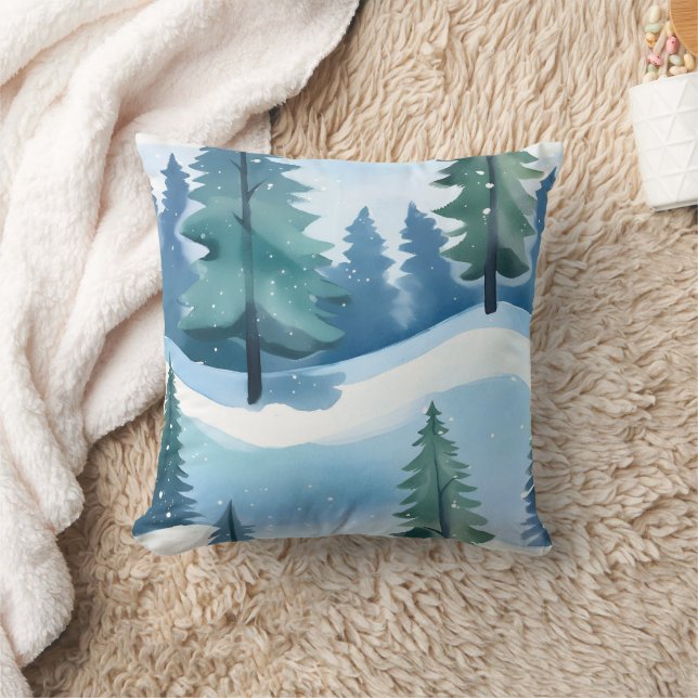 Snowy Pine Forest | Winter Watercolor Throw Pillow (Blanket)