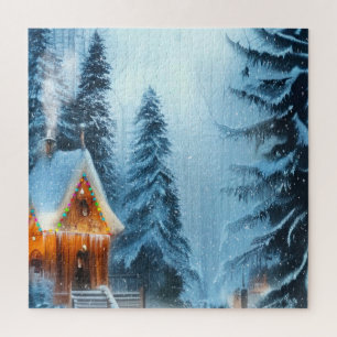 Snowy Pine Forest with Cabin 20x20 Puzzle