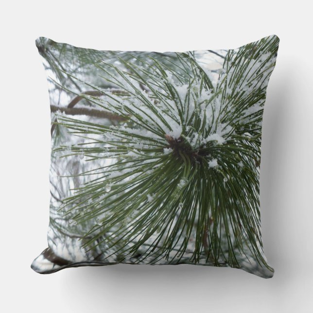 Snowy Pine Needles Winter Nature Photography Throw Pillow (Front)
