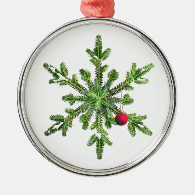 Snowy Pine Snowflake Metal Ornament (Front)