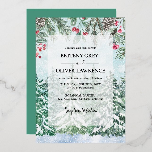 Snowy Pine Tree Forest Watercolor Themed Wedding (Front/Back)