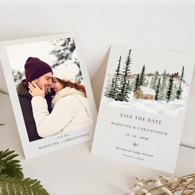 Snowy Pine Tree Winter Wedding Save the Date (Creator Uploaded)