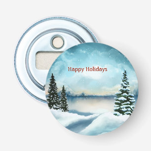 Snowy pine trees near a lake bottle opener