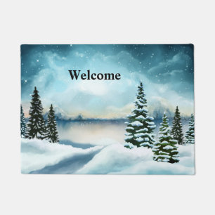 Snowy pine trees near a lake doormat