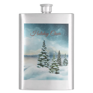 Snowy pine trees near a lake hip flask