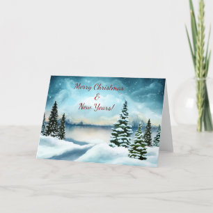 Snowy pine trees near a lake holiday card