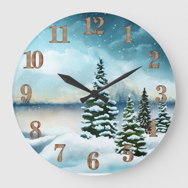 Snowy pine trees near a lake large clock (Front)