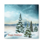 Snowy pine trees near a lake