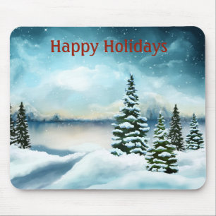 Snowy pine trees near a lake mouse pad