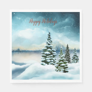 Snowy pine trees near a lake napkin