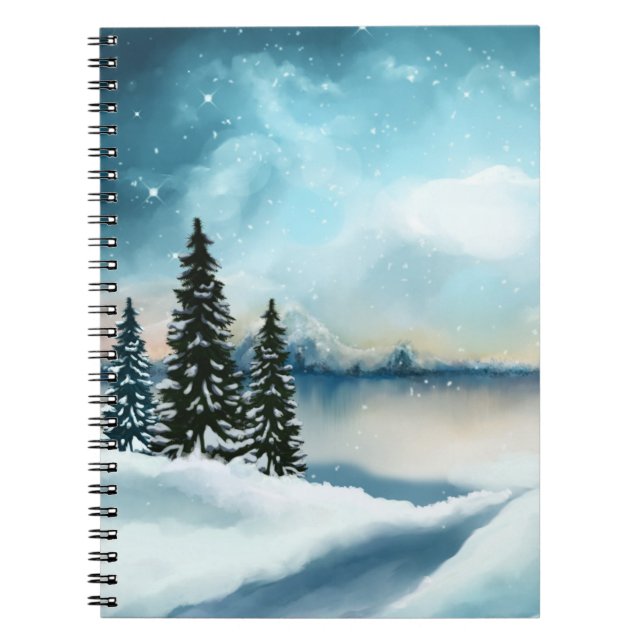 Snowy pine trees near a lake    notebook (Front)