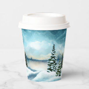 Snowy pine trees near a lake     paper cups