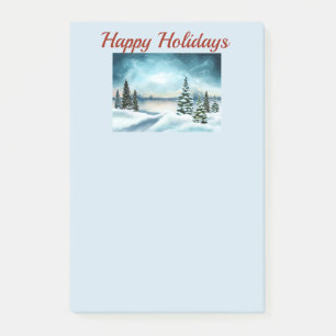 Snowy pine trees near a lake post-it notes