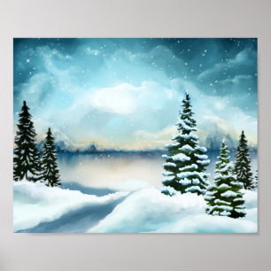 Snowy pine trees near a lake   poster