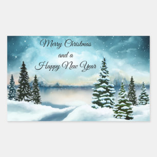 Snowy pine trees near a lake sticker