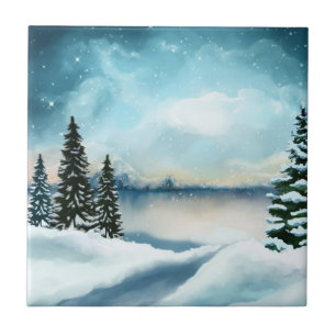 Snowy pine trees near a lake       tile