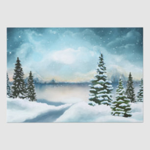 Snowy pine trees near a lake      tissue paper
